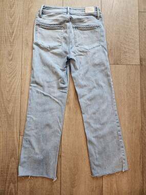 PAIGE Atley Ankle Flare Braided Jeans Womens Size 27 Light Wash Raw Hem Frayed